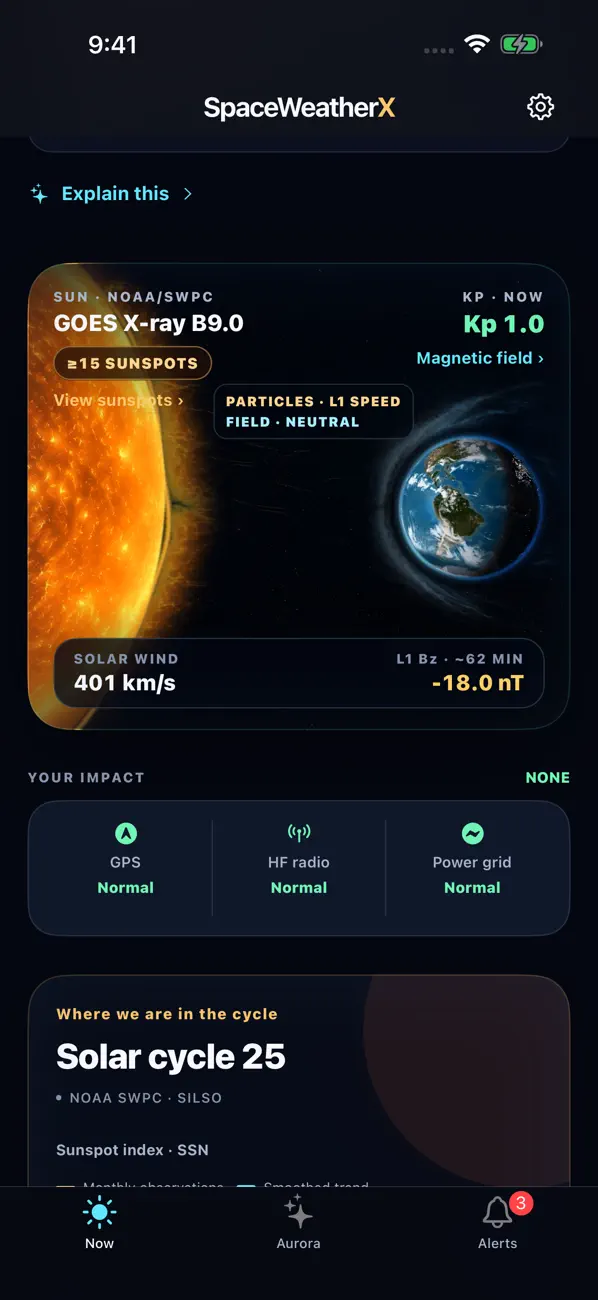 SpaceWeatherX iOS solar activity screen